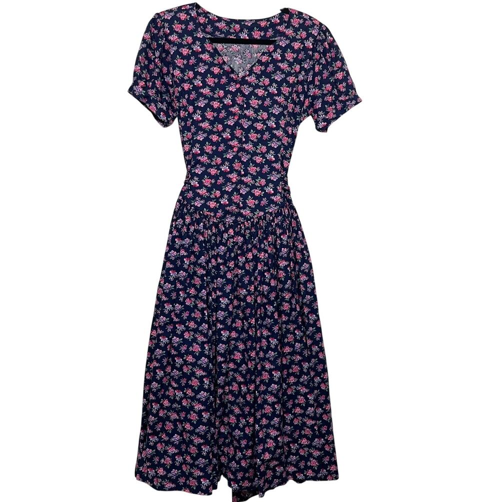 Vintage Floral Midi Maxi Dress Cottage Core Drop Waist Tie Waist Blue Floral S/M
